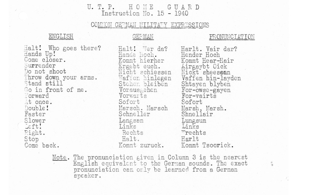 A typed list of common German military expressions. Includes English translations and pronunciations.