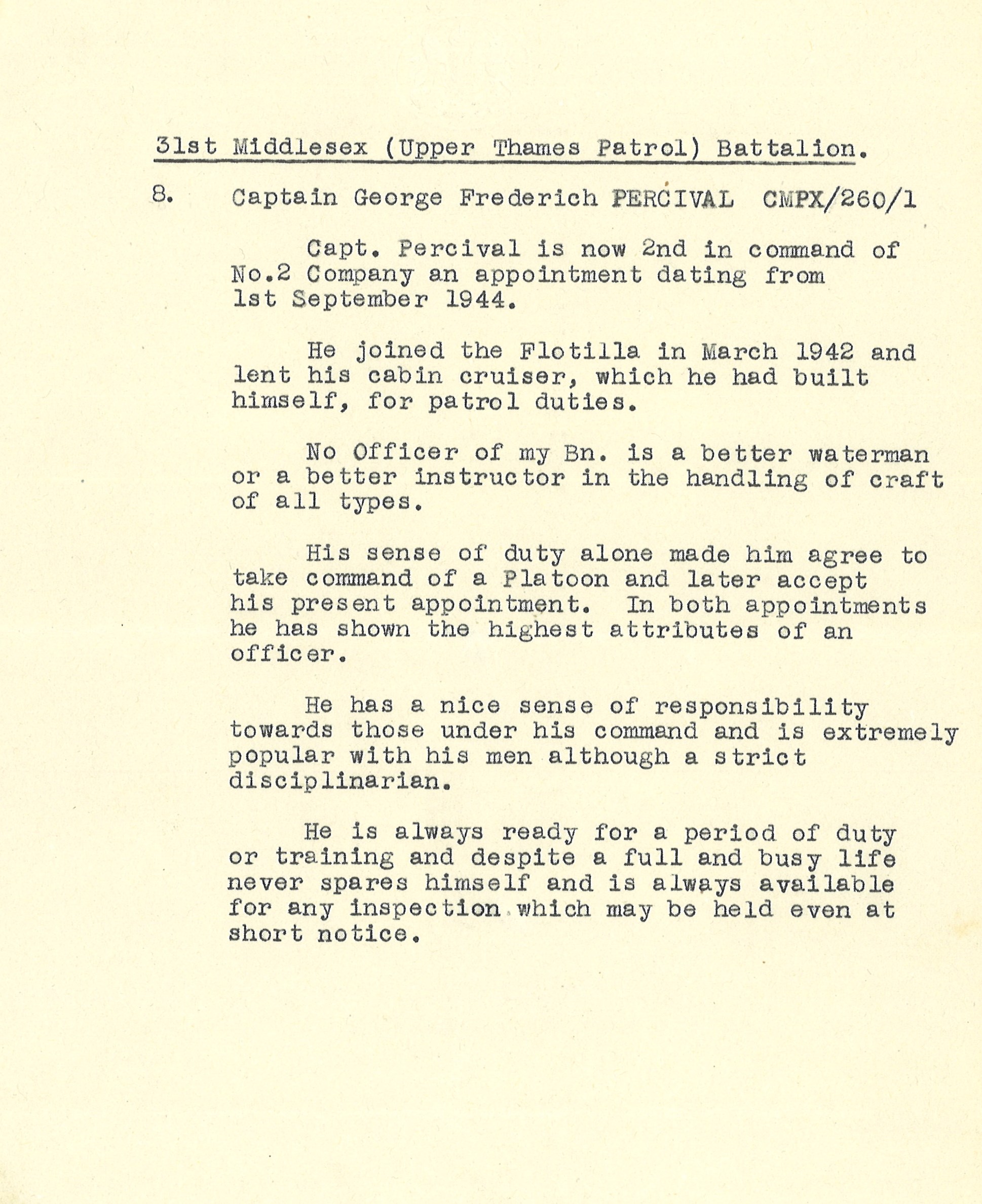 Typewritten recommendation for Captain George Frederich Percival